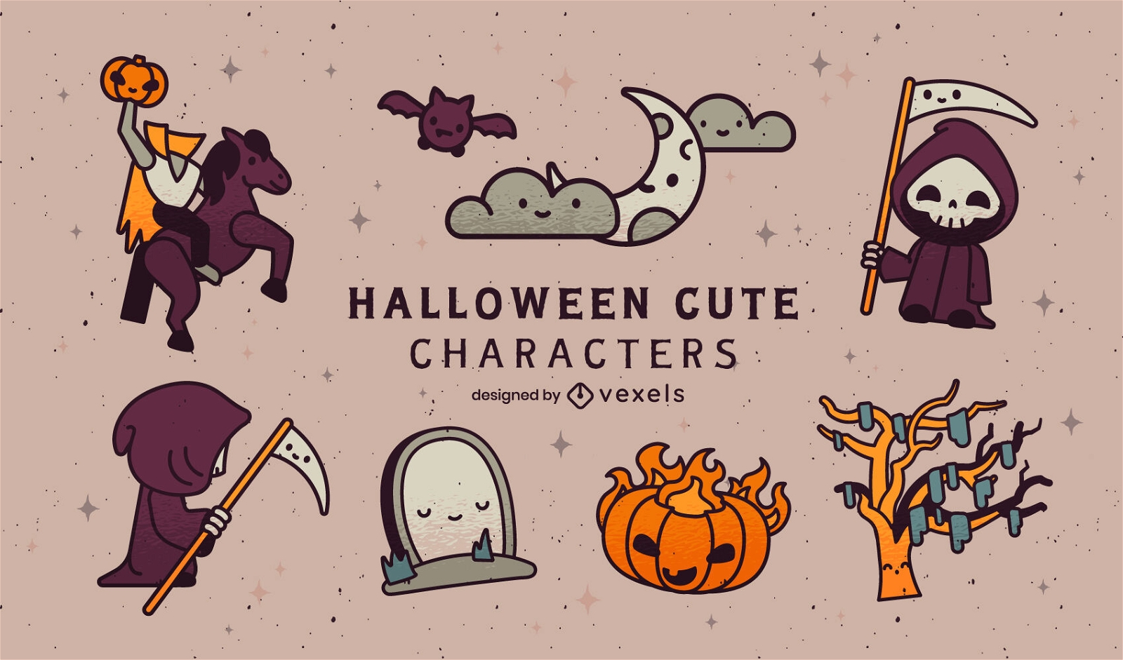 Halloween night cute characters set