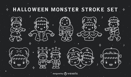 Halloween cute monster characters stroke set