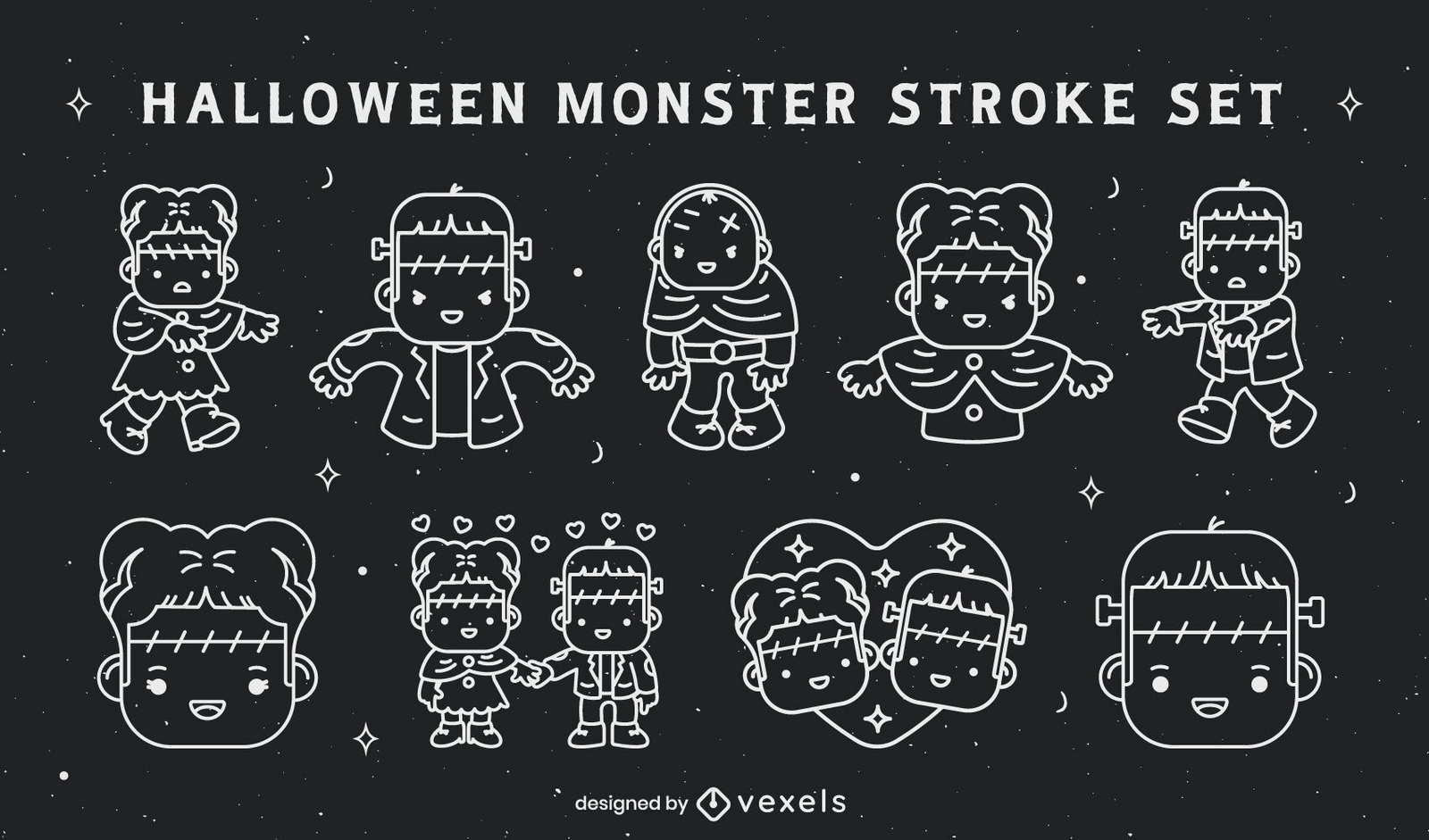 Conjunto de traços de personagens de monstros fofos de Halloween