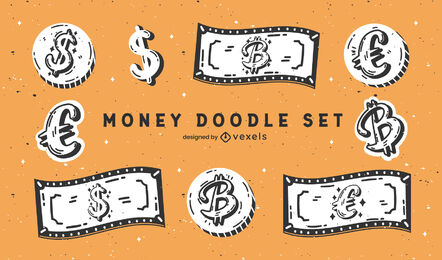 Conjunto de doodle de pago de dinero de billetes y monedas