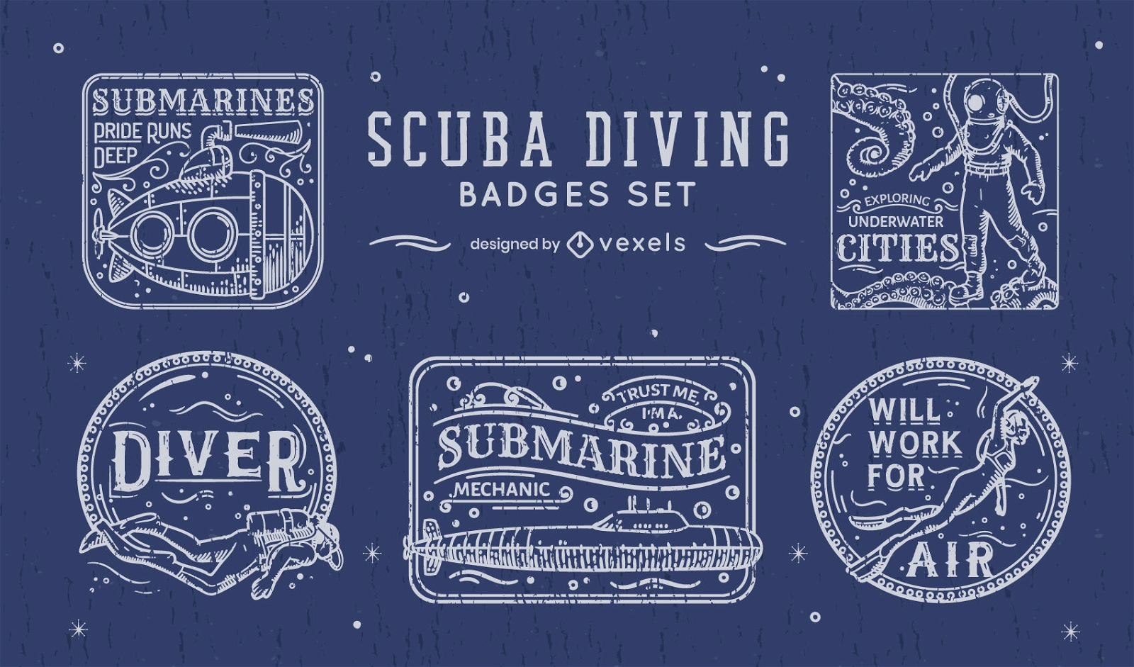 Scuba diving hobby line art badge set