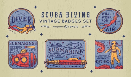 Scuba diving hobby vintage badge set