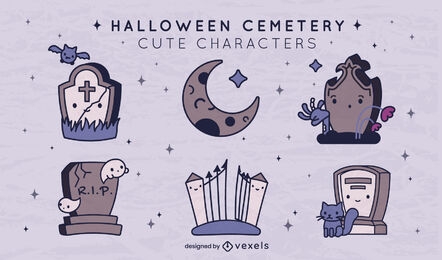 Halloween cemetery cute elements set