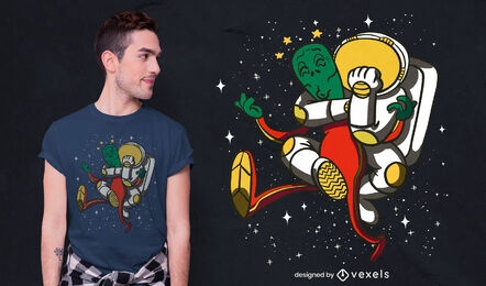 Astronauta lutando contra o desenho de uma camiseta alienígena