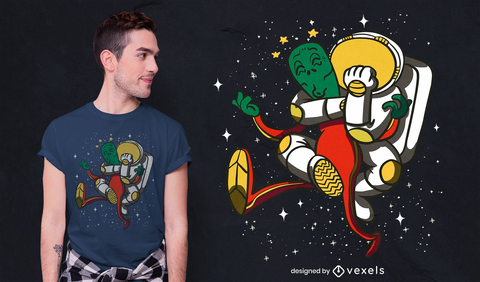 Astronaut fighting alien cartoon t-shirt design