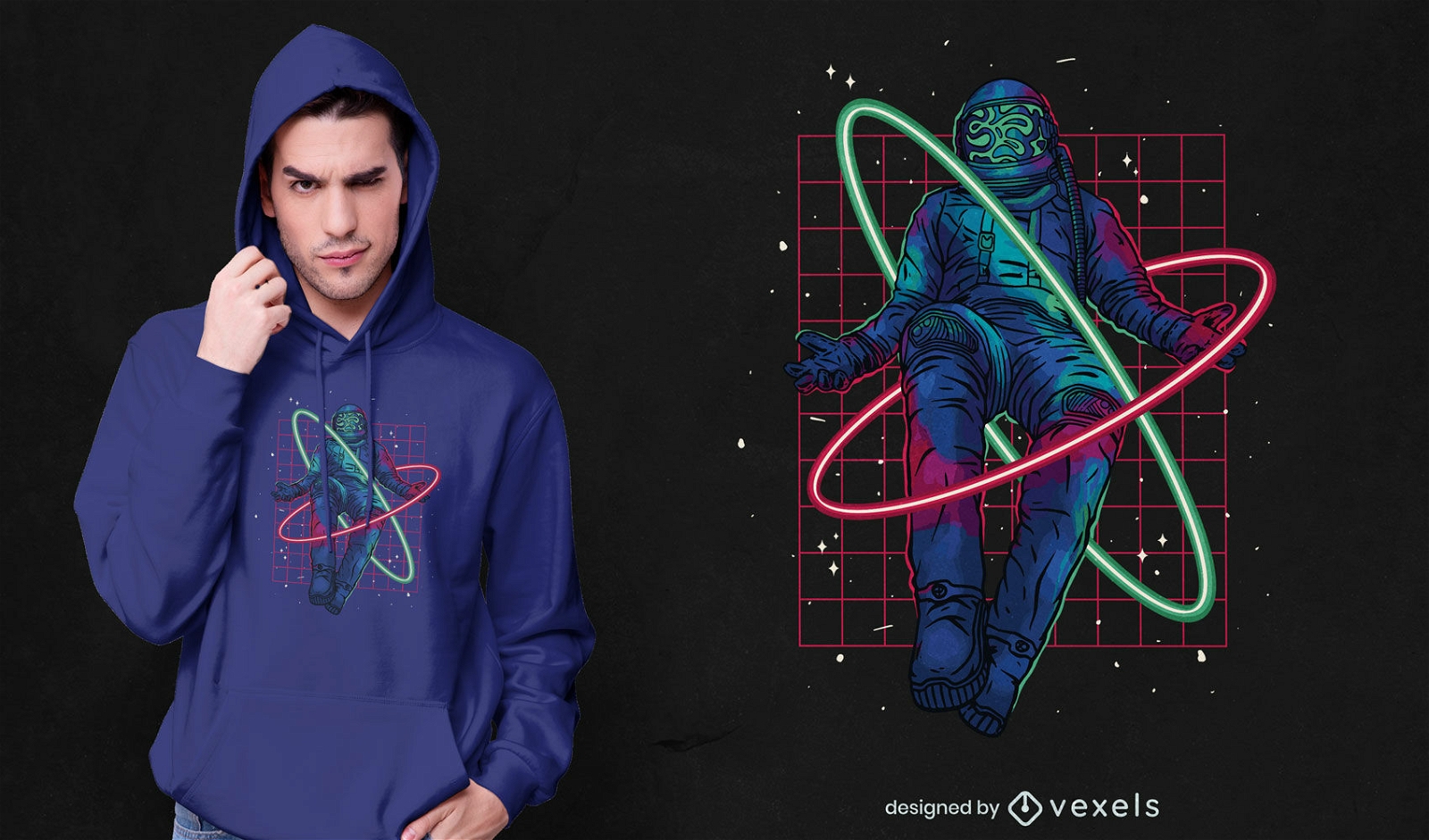 Astronauta flutuante neon t-shirt design psd