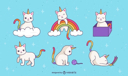 Conjunto de arco-íris fofinho de animais gato unicórnio