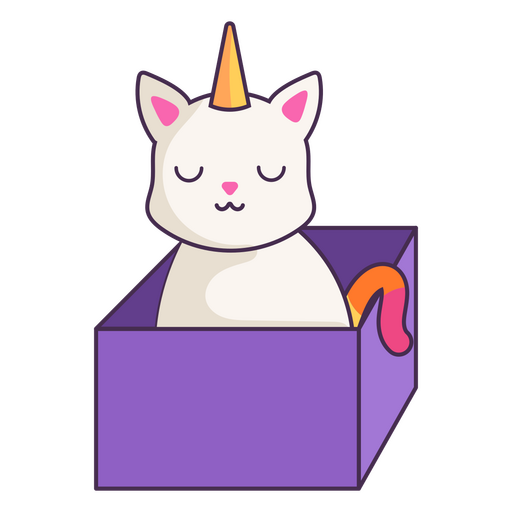 Lindo gato unicornio en una caja Diseño PNG
