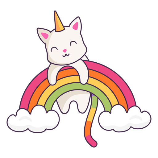 S??e Einhornkatze auf einem Regenbogen PNG-Design