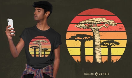 Desenho de camiseta retro do pôr do sol de árvores africanas Baobab