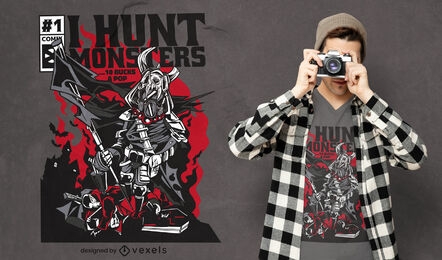 Diseño de camiseta de portada de cómic de monster hunter warrior