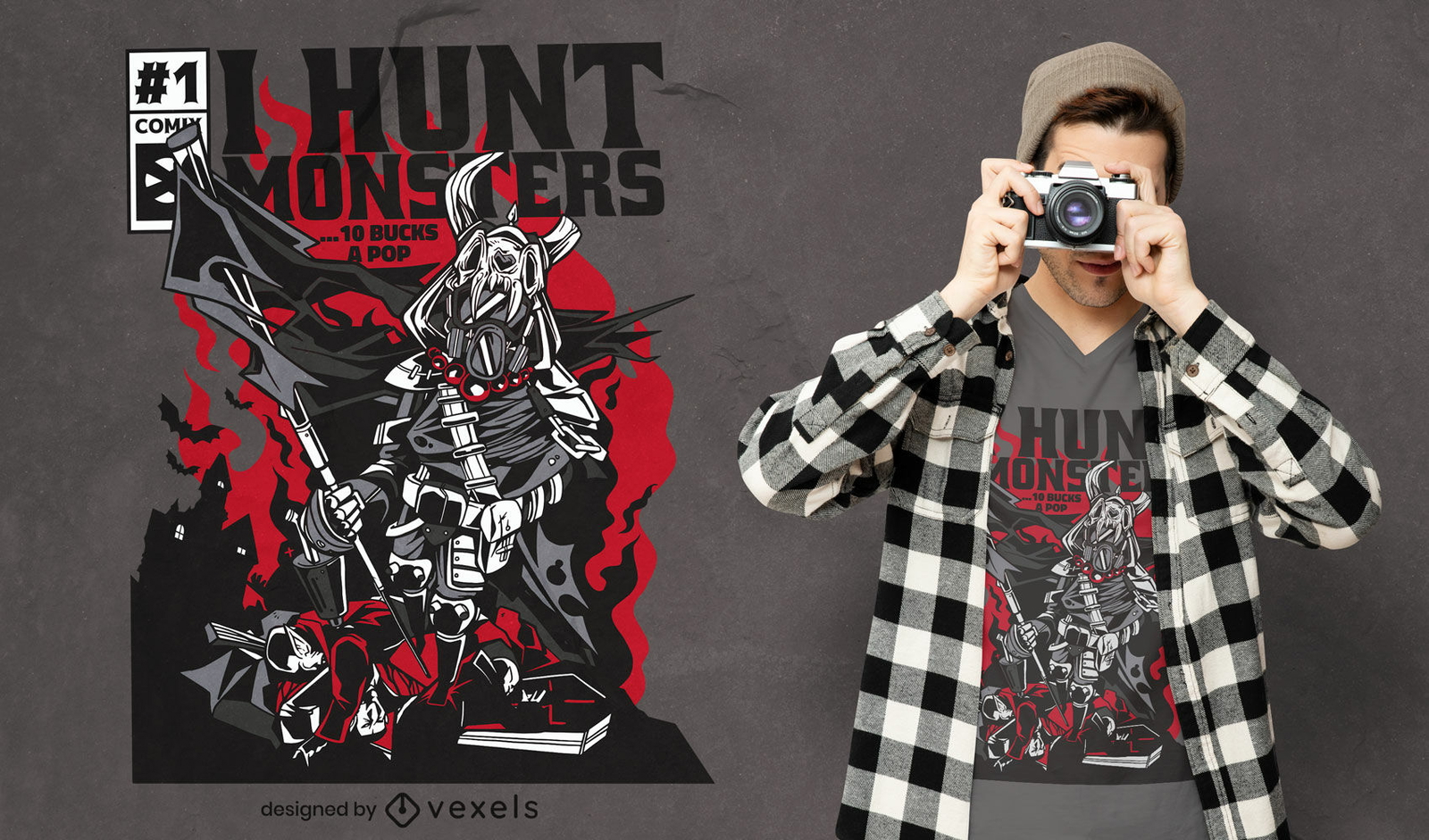 Diseño de camiseta de portada de cómic de monster hunter warrior