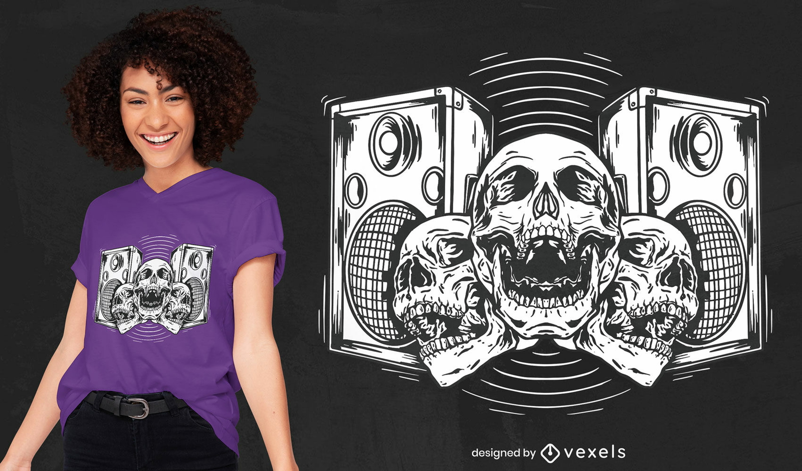 Diseño de camiseta dibujada a mano con altavoces y calaveras.