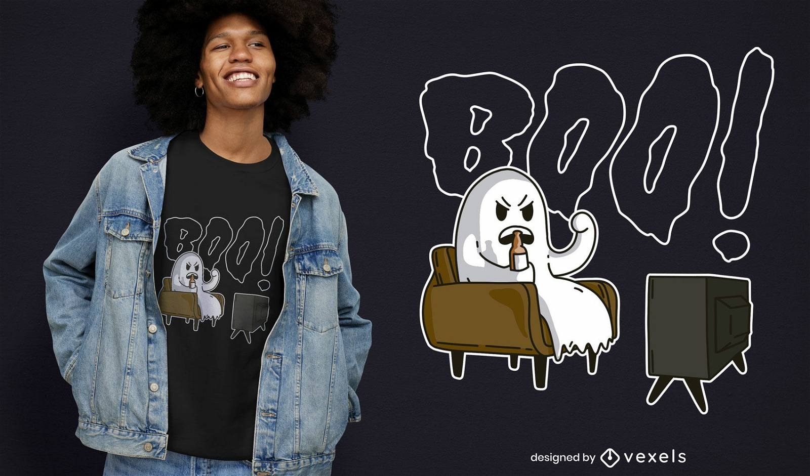 Diseño de camiseta divertida boo ghost viendo tv