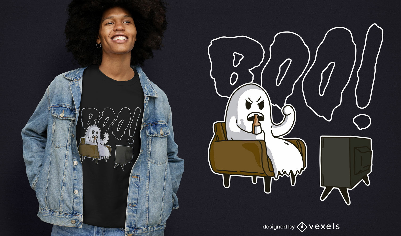 Fantasma engraçado assistindo desenho de camisetas na TV