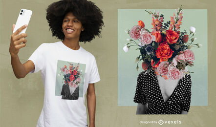 Flores desabrochando menina cabeça colagem psd design de t-shirt