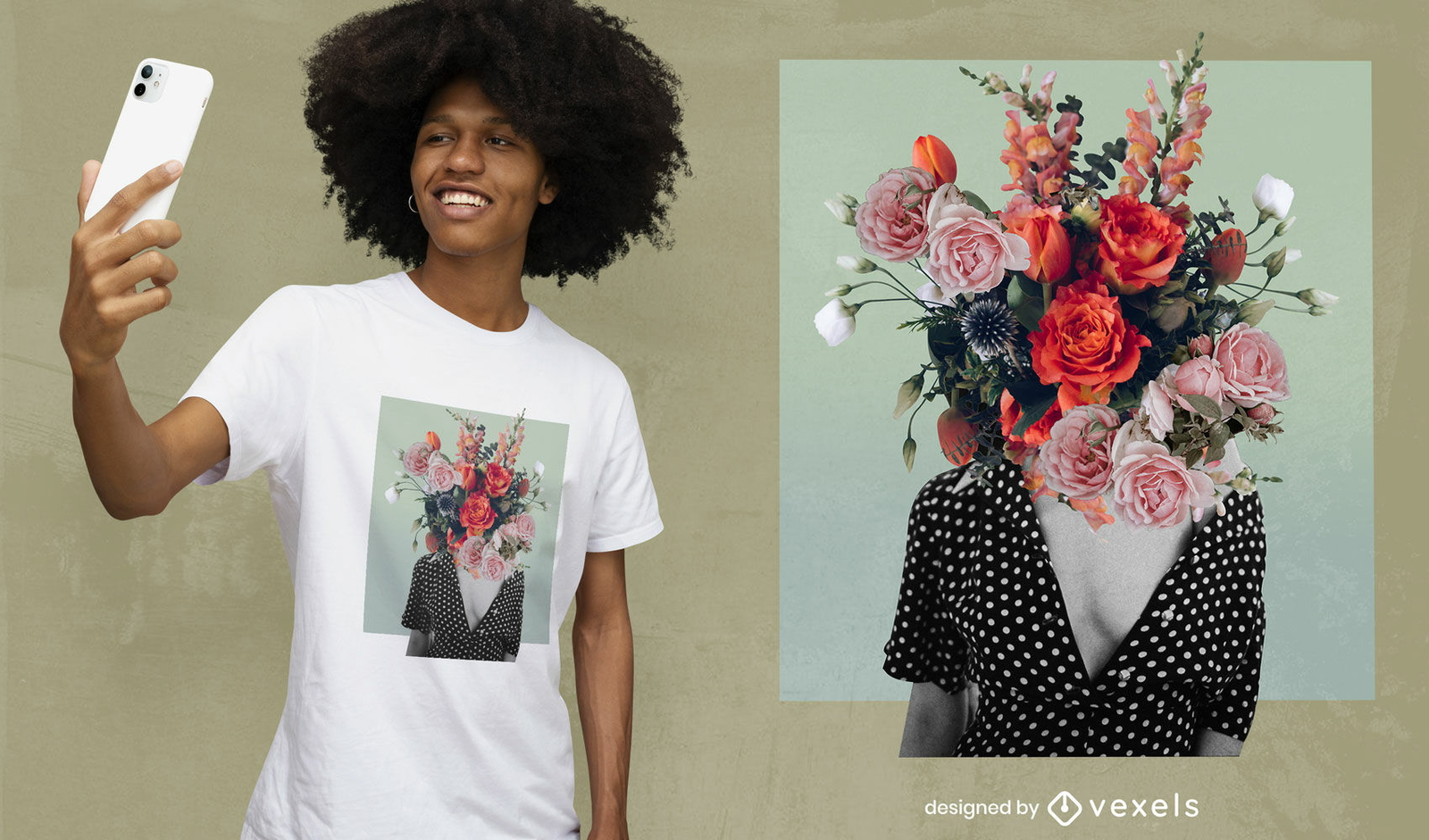 Diseño de camiseta psd de collage de cabeza de niña de flores florecientes