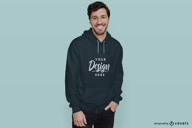 Dunkelblauer Hoodie-Modellmann im flachen Hintergrund