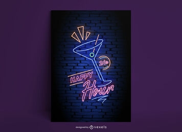 Happy hour cocktail drink neon poster template