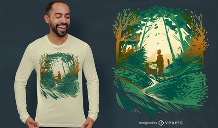 Diseño de camiseta de perro caminando en el bosque.