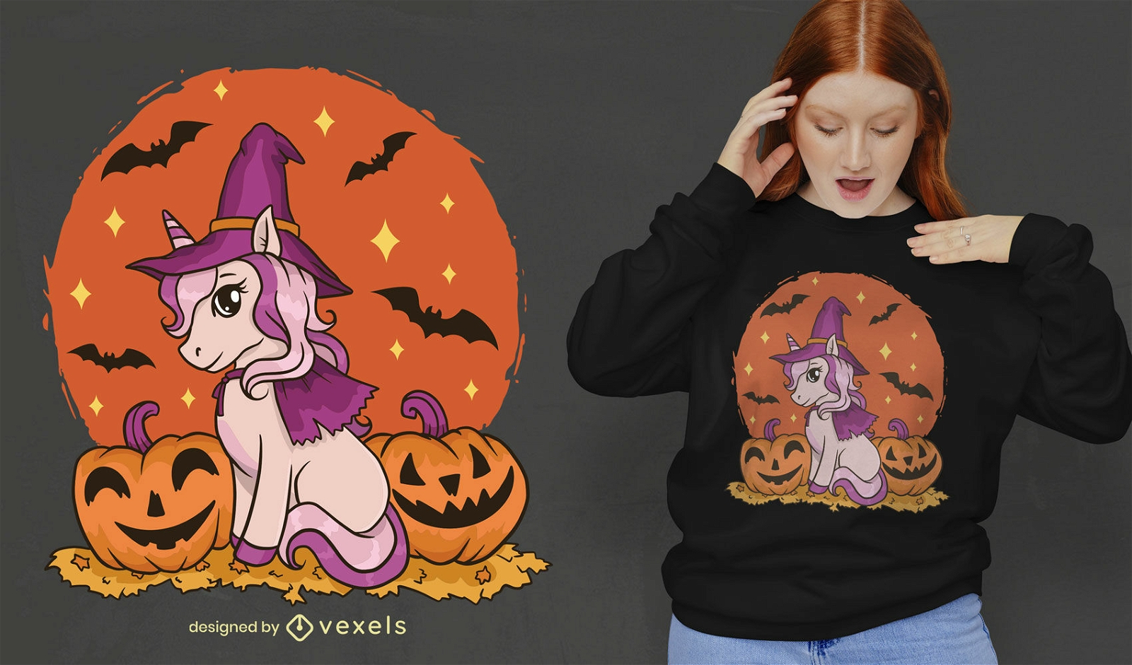 Unicórnio bruxa Hallowen design fofo de camiseta