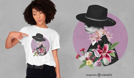 Jungen Hut und Blumen Collage PSD T-Shirt Design
