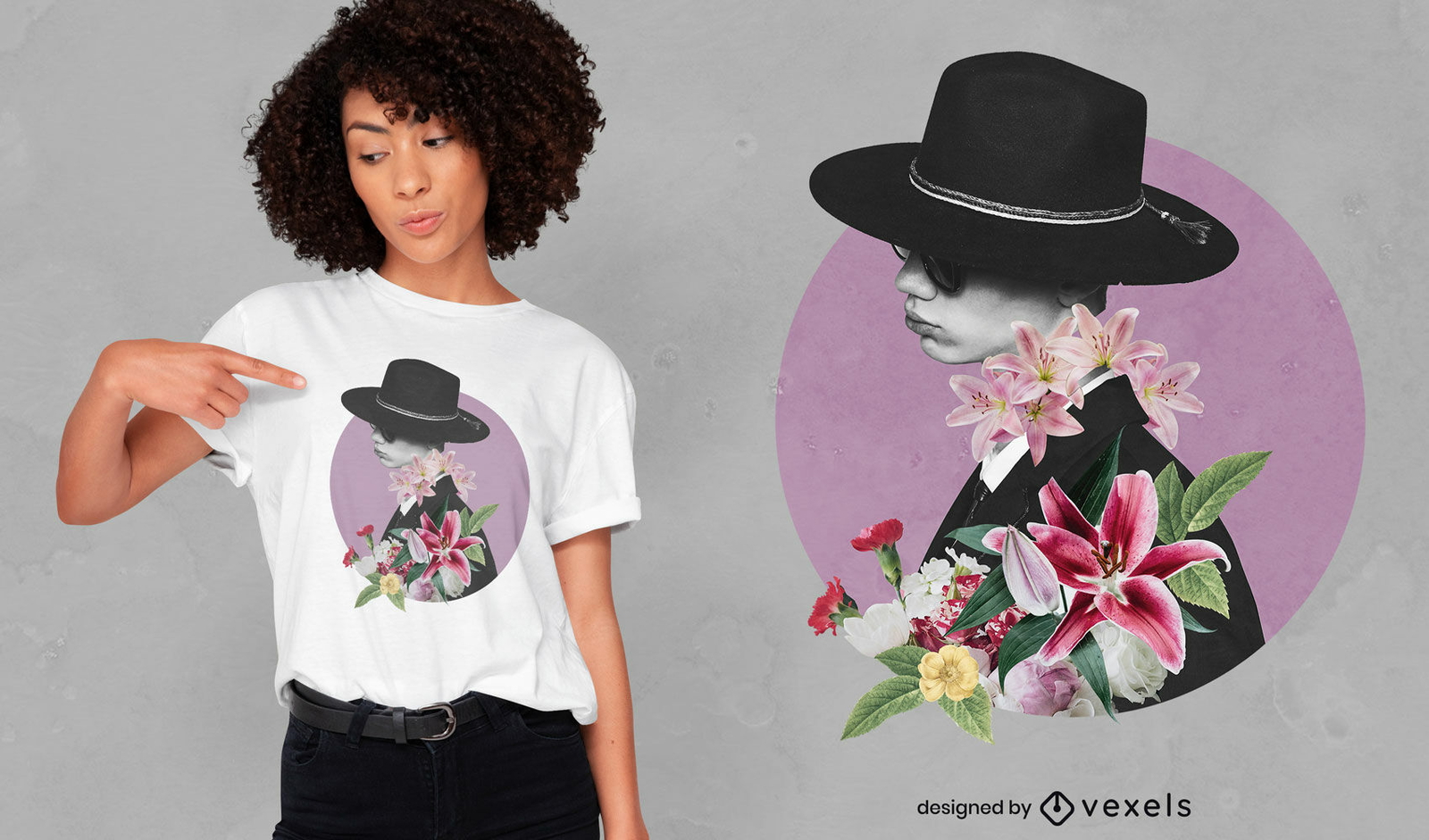 Diseño de camiseta psd de collage de flores y sombrero de niño