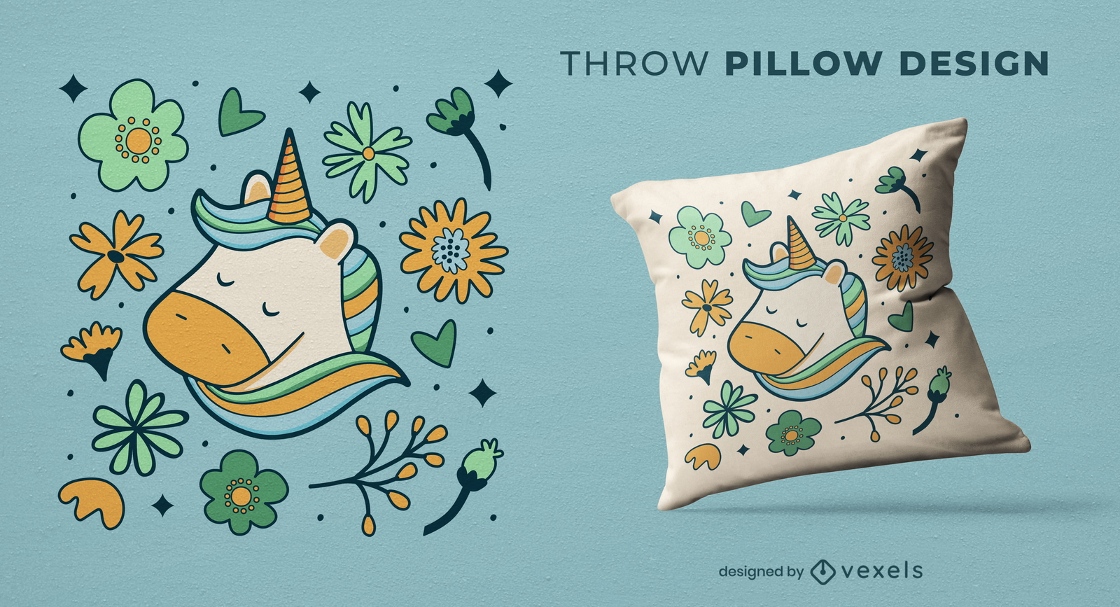 Diseño de almohada de tiro de flores de unicornio feliz