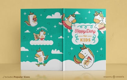 Diseño de portada de libro de dibujos animados feliz unicornio