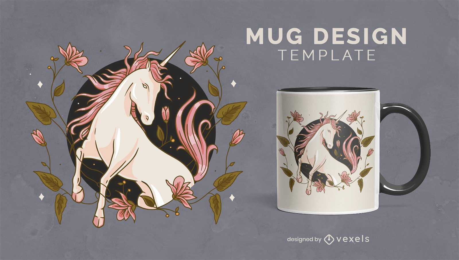 Pink unicorn creature floral mug template