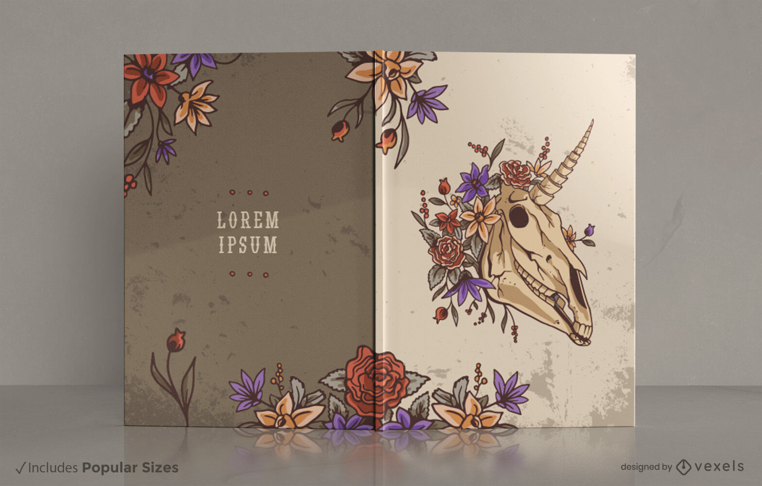 Diseño de portada de libro floral unicornio calavera