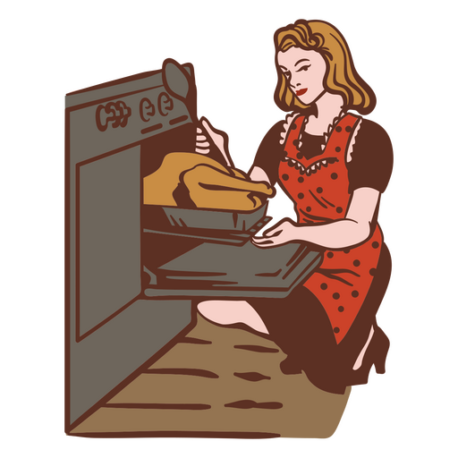 Woman cooking turkey 50s illustration PNG Design