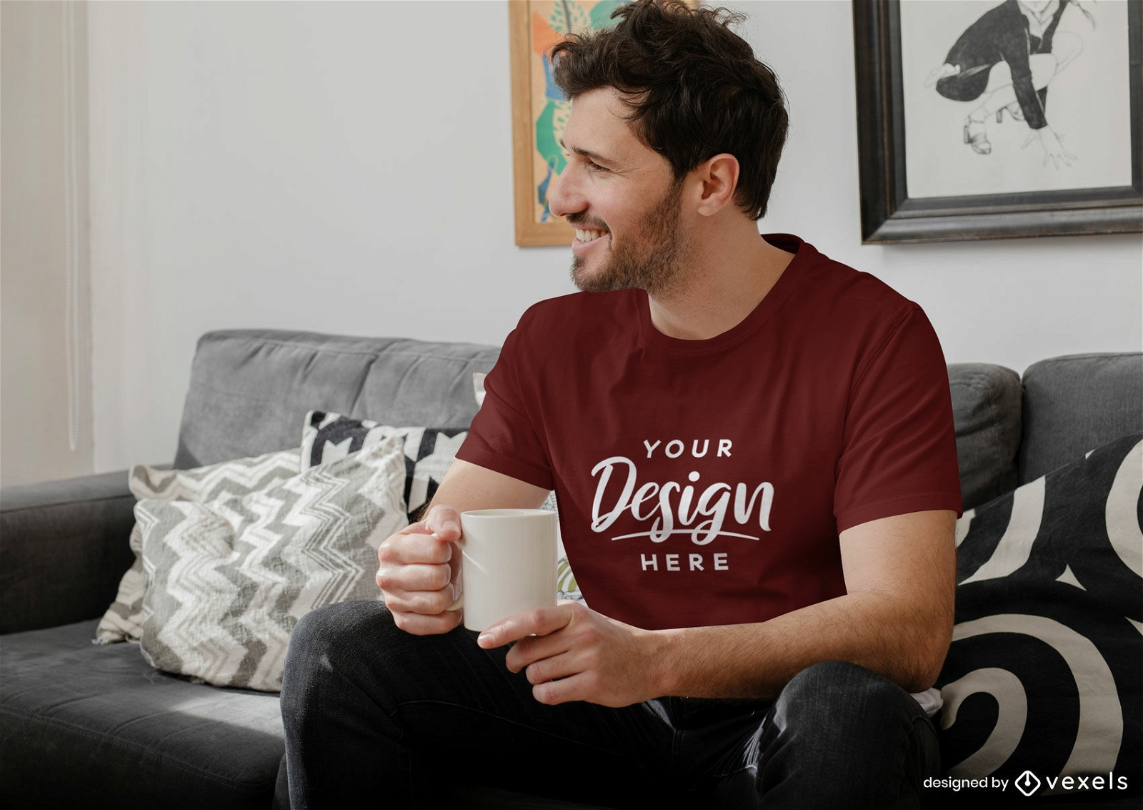 Maroon t-shirt mockup man sitting with coffee