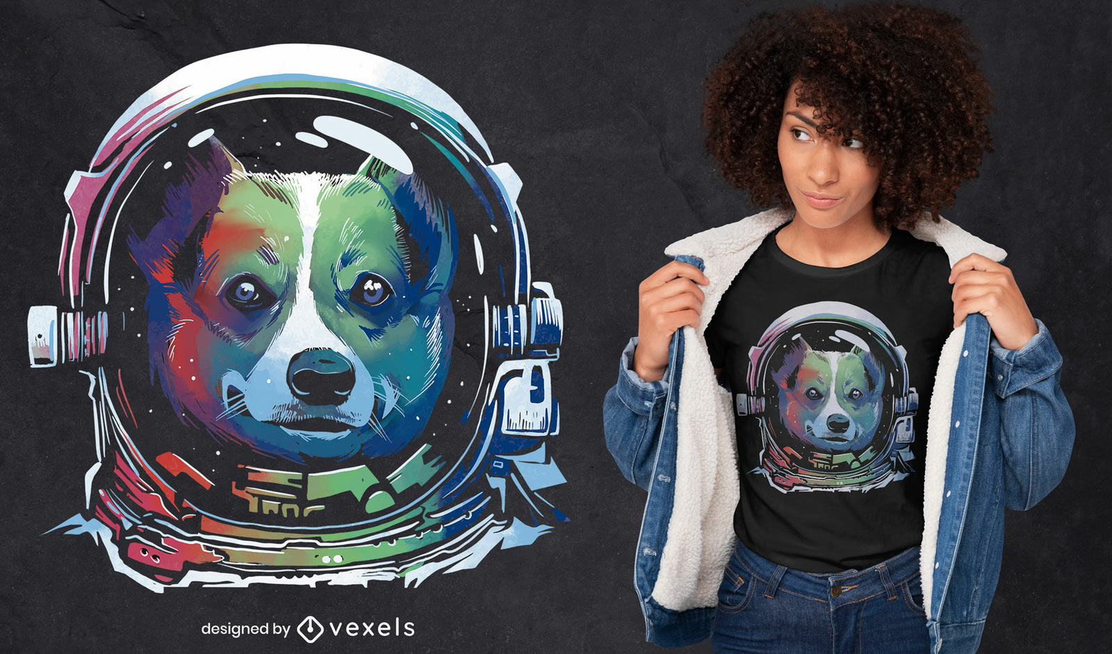 Design de t-shirt de cão astronauta arco-íris psd