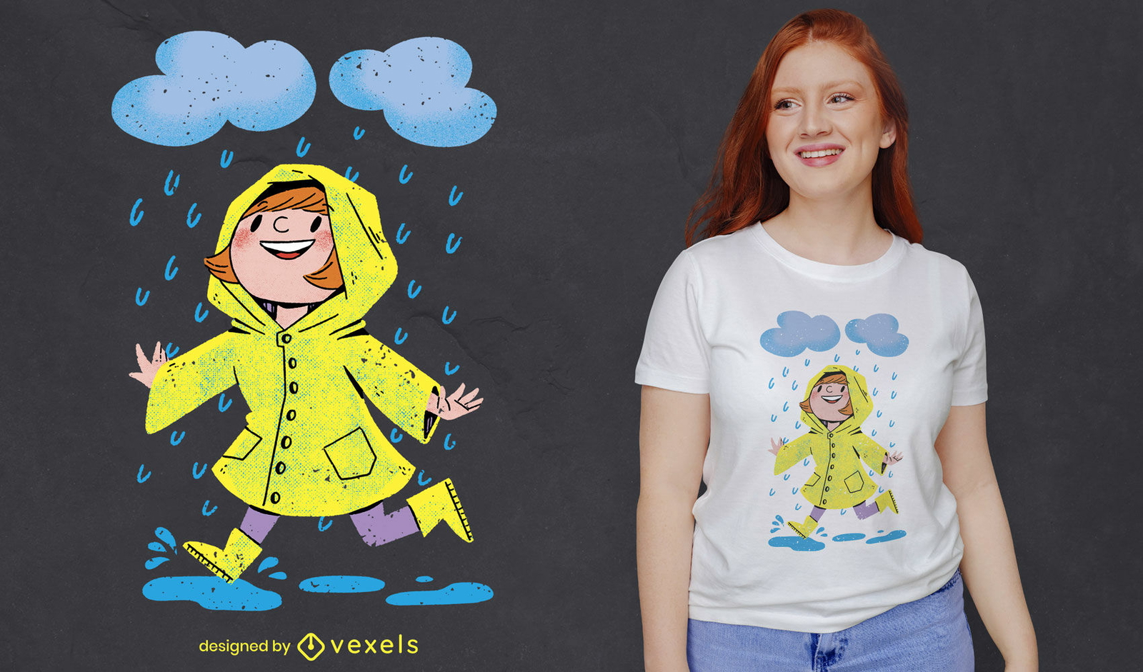 Chica bajo la lluvia diseño de camiseta psd