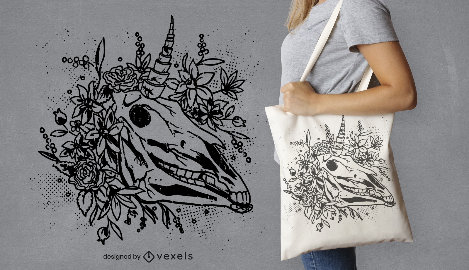 Diseño de bolsa de asas de calavera con cabeza de unicornio oscuro