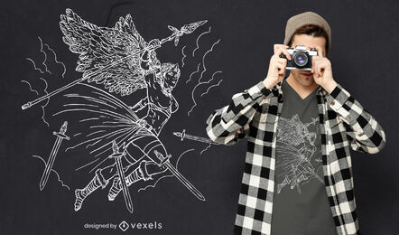 Diseño de camiseta angel warrior character line art