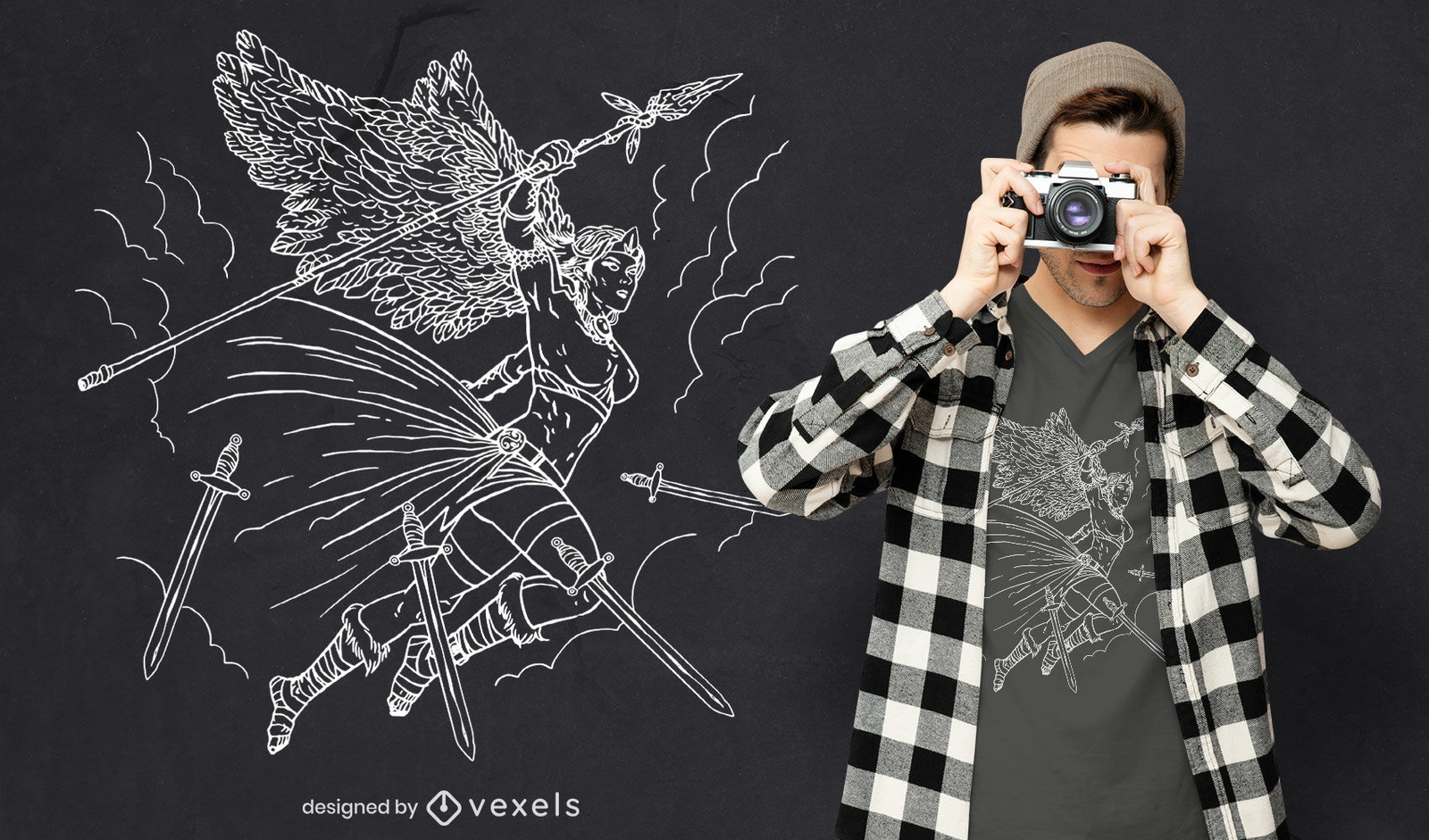 Diseño de camiseta angel warrior character line art