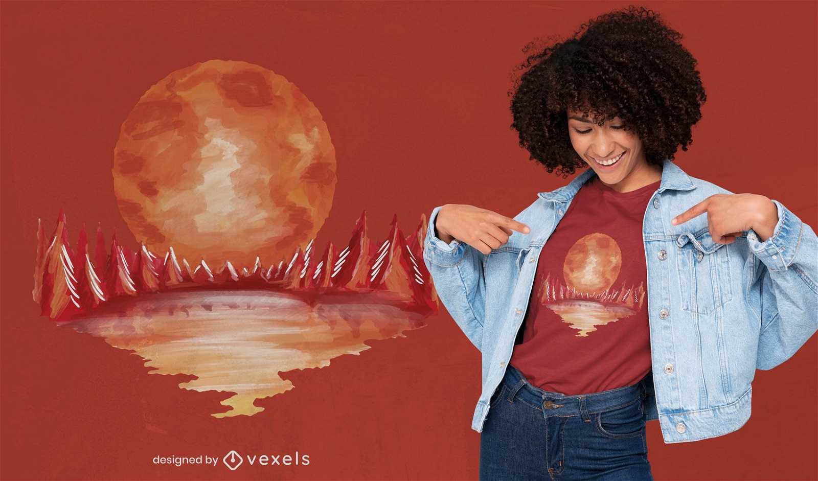 Design de t-shirt de lua cheia com paisagem vermelha