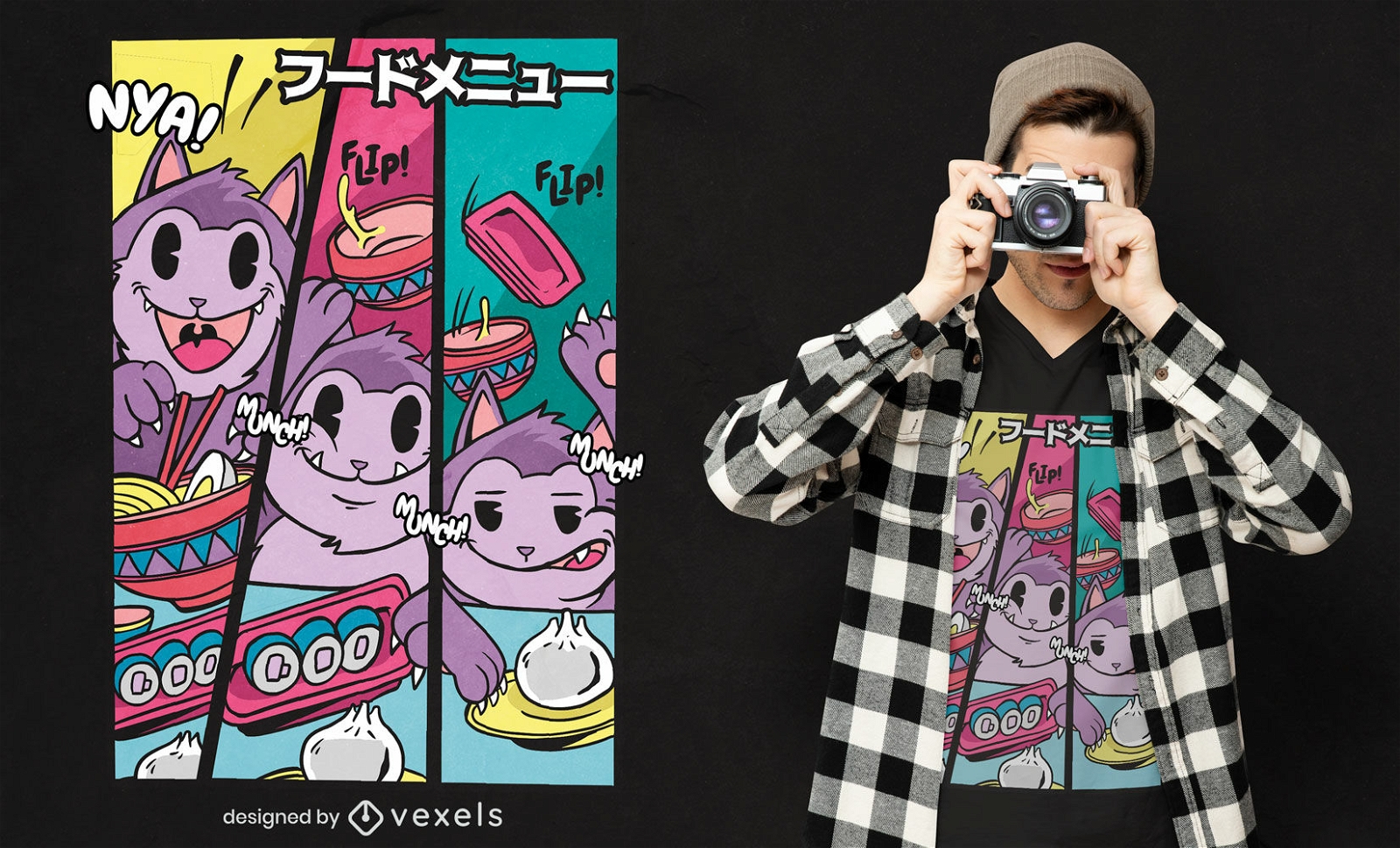 Diseño de camiseta de gato comiendo comida japonesa.