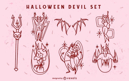 Halloween devils hell creatures stroke set