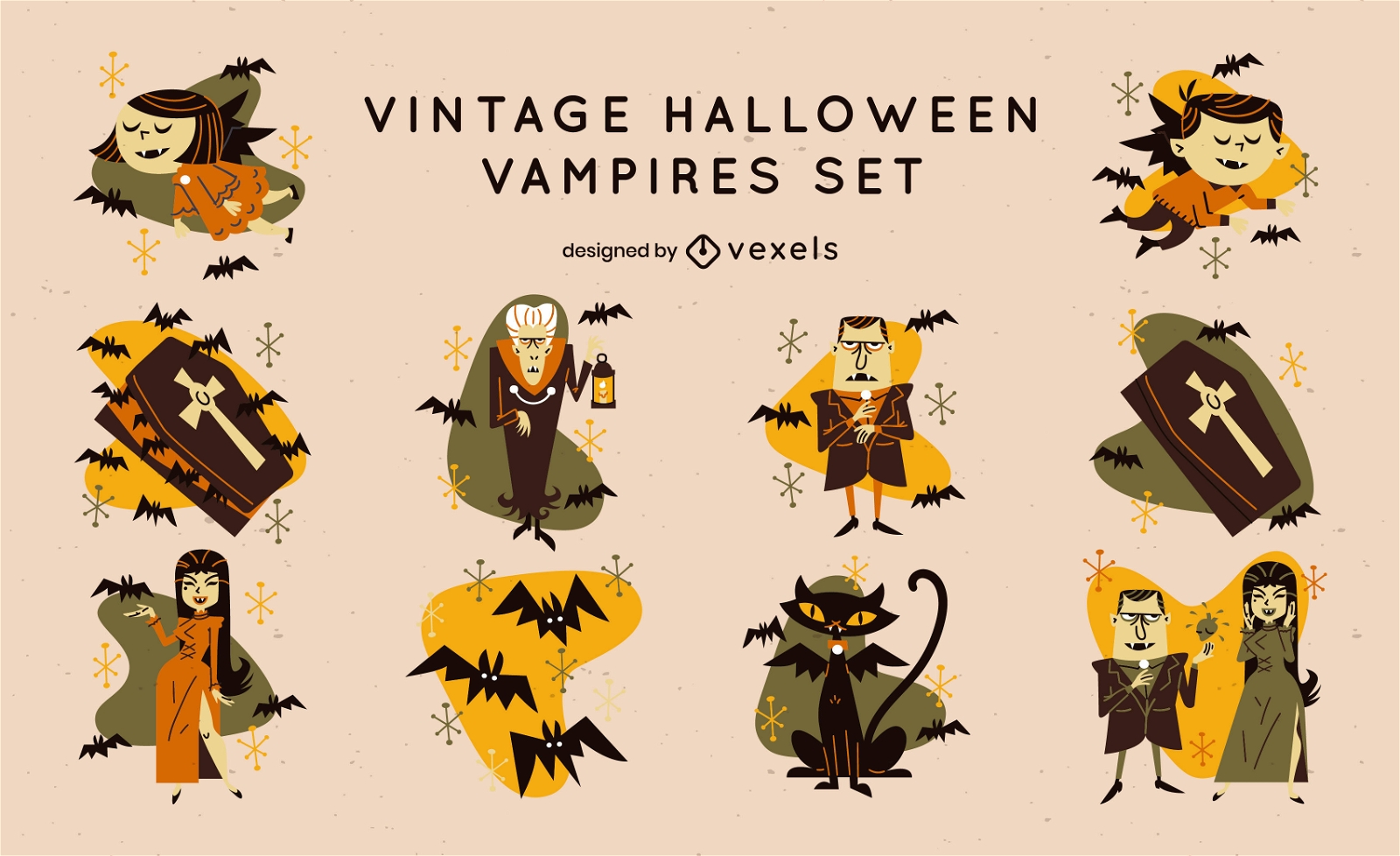 Conjunto vintage de monstros vampiros de Halloween