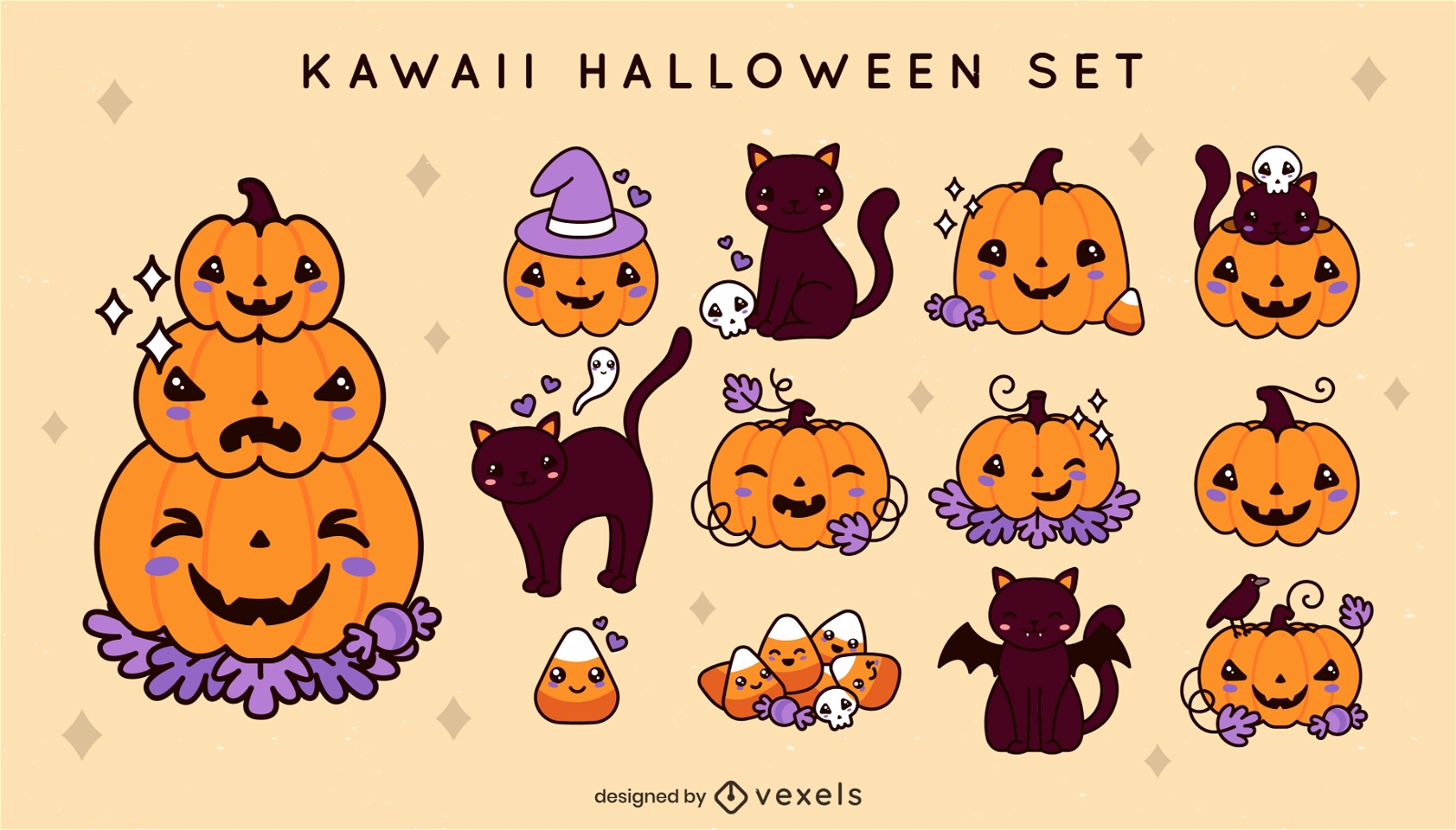 Conjunto de elementos de vacaciones de halloween kawaii