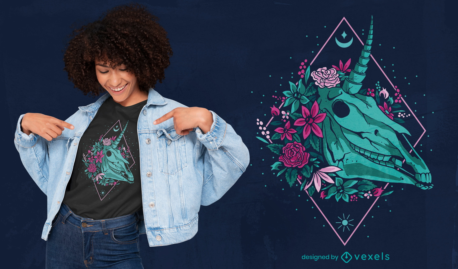 Cabeça de unicórnio em crânio com design de t-shirt de flores