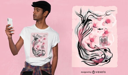 Diseño de camiseta de flores de sakura animal de pez koi