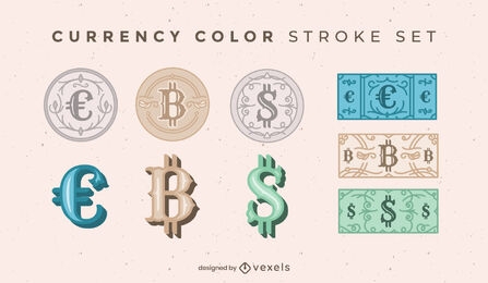 Coins and bills currency symbols set