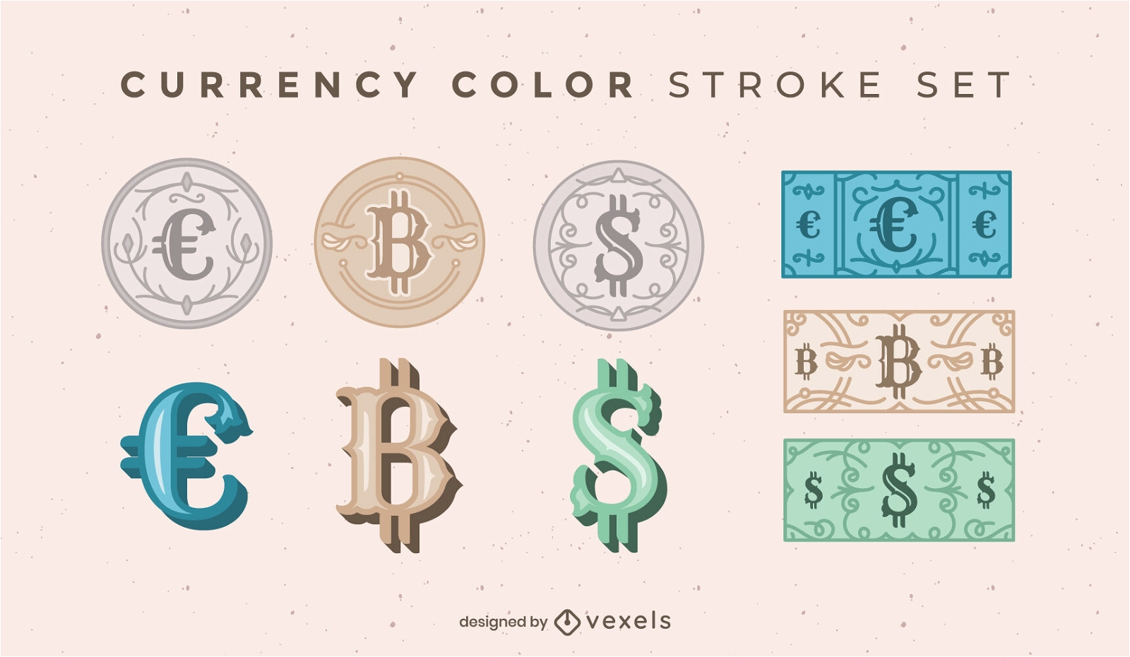 Conjunto de símbolos de moedas de moedas e notas