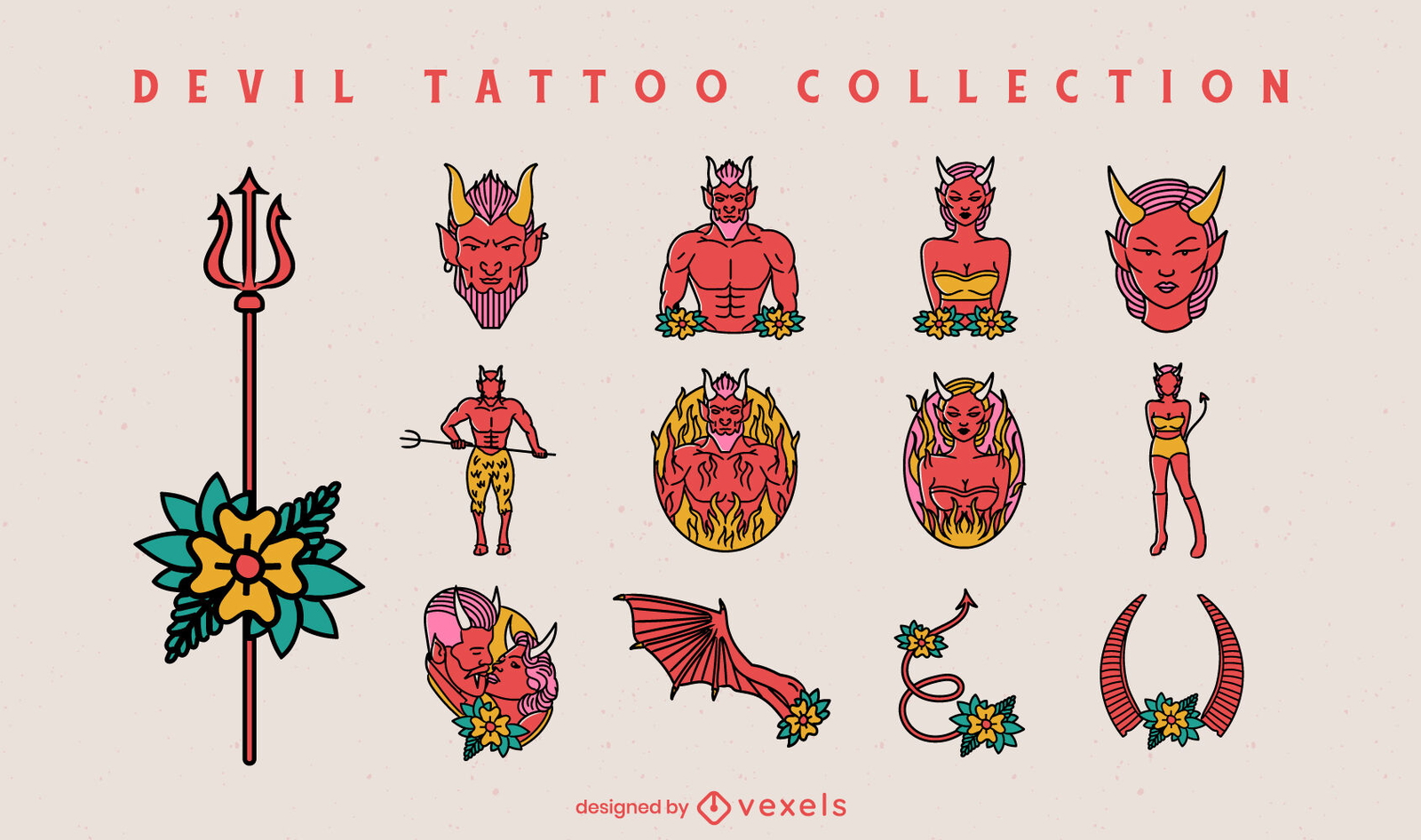 Conjunto de personagens de tatuagem de demônio