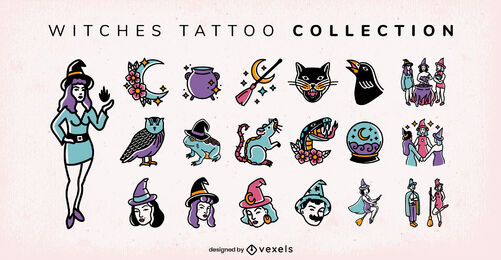 Witch dark magic fantasy tattoo set