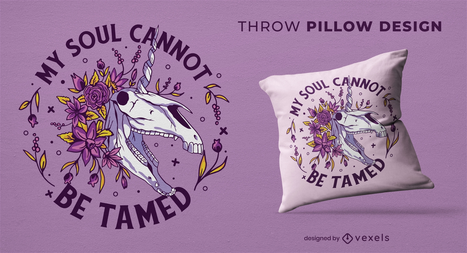 Diseño de almohada de tiro floral de unicornio esqueleto